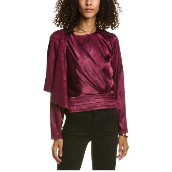 NWT Ronny Kobo Monet Satin Floral Long Sleeve Draped Blouse Top in Purple Sz XL - Picture 1 of 12